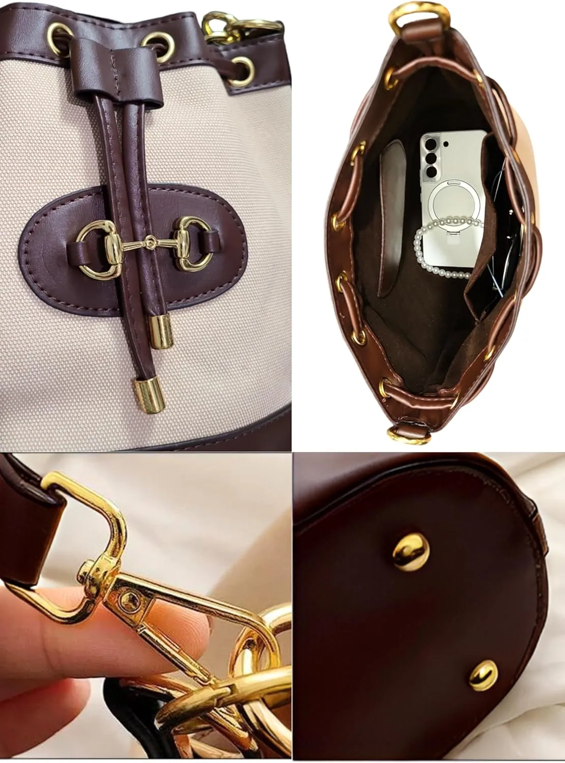 Small Dark Brown & White Equestrian Crossbody Bag  Structured Bucket Purse with Vegan Leather Trim, Gold Horse Bit Buckle, Canvas Body, Adjustable Strap, Coastal Chic Country Club Style Handbag