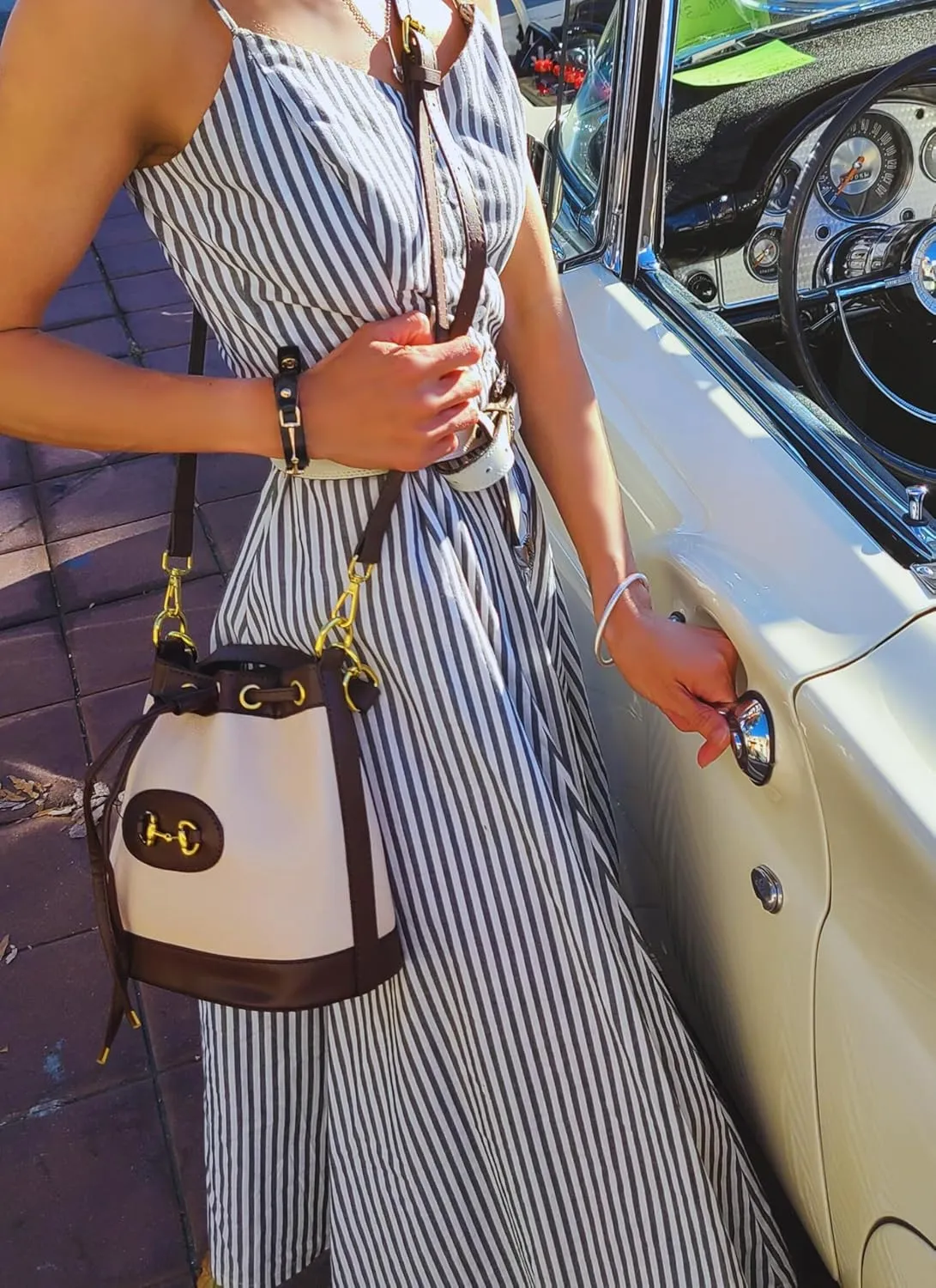 Small Dark Brown & White Equestrian Crossbody Bag  Structured Bucket Purse with Vegan Leather Trim, Gold Horse Bit Buckle, Canvas Body, Adjustable Strap, Coastal Chic Country Club Style Handbag