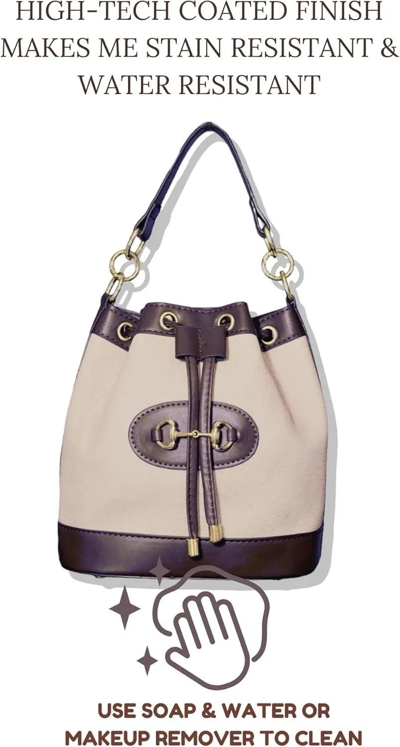 Small Dark Brown & White Equestrian Crossbody Bag  Structured Bucket Purse with Vegan Leather Trim, Gold Horse Bit Buckle, Canvas Body, Adjustable Strap, Coastal Chic Country Club Style Handbag