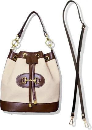 Small Dark Brown & White Equestrian Crossbody Bag  Structured Bucket Purse with Vegan Leather Trim, Gold Horse Bit Buckle, Canvas Body, Adjustable Strap, Coastal Chic Country Club Style Handbag