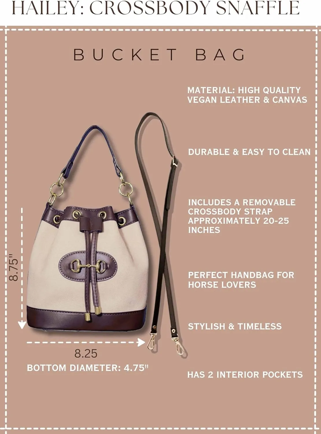 Small Dark Brown & White Equestrian Crossbody Bag  Structured Bucket Purse with Vegan Leather Trim, Gold Horse Bit Buckle, Canvas Body, Adjustable Strap, Coastal Chic Country Club Style Handbag