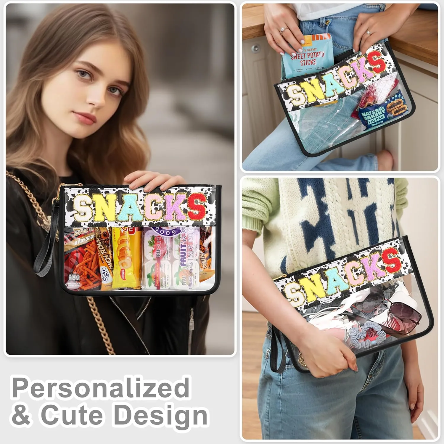 Snack Bag for Travel - Clear Chenille Varsity Letter Flat Pouch with Zipper, Waterproof Clear PVC&PU Preppy Patch Makeup Cosmetic tote Bags for Women (Cow-Snacks)