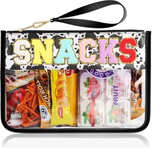 Snack Bag for Travel - Clear Chenille Varsity Letter Flat Pouch with Zipper, Waterproof Clear PVC&PU Preppy Patch Makeup Cosmetic tote Bags for Women (Cow-Snacks)