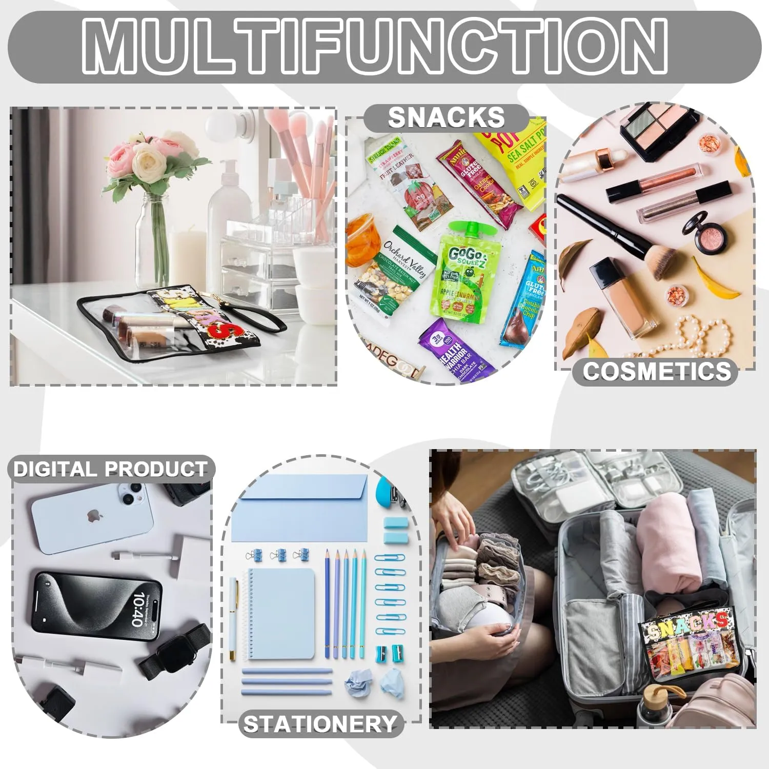 Snack Bag for Travel - Clear Chenille Varsity Letter Flat Pouch with Zipper, Waterproof Clear PVC&PU Preppy Patch Makeup Cosmetic tote Bags for Women (Cow-Snacks)
