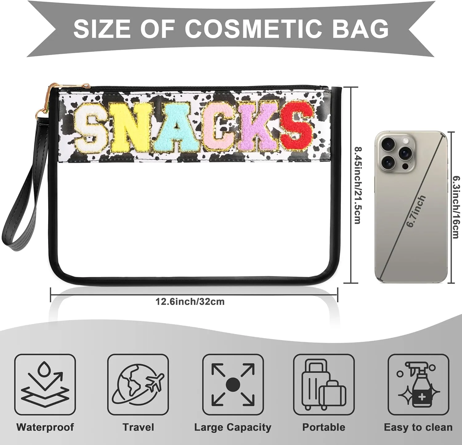 Snack Bag for Travel - Clear Chenille Varsity Letter Flat Pouch with Zipper, Waterproof Clear PVC&PU Preppy Patch Makeup Cosmetic tote Bags for Women (Cow-Snacks)