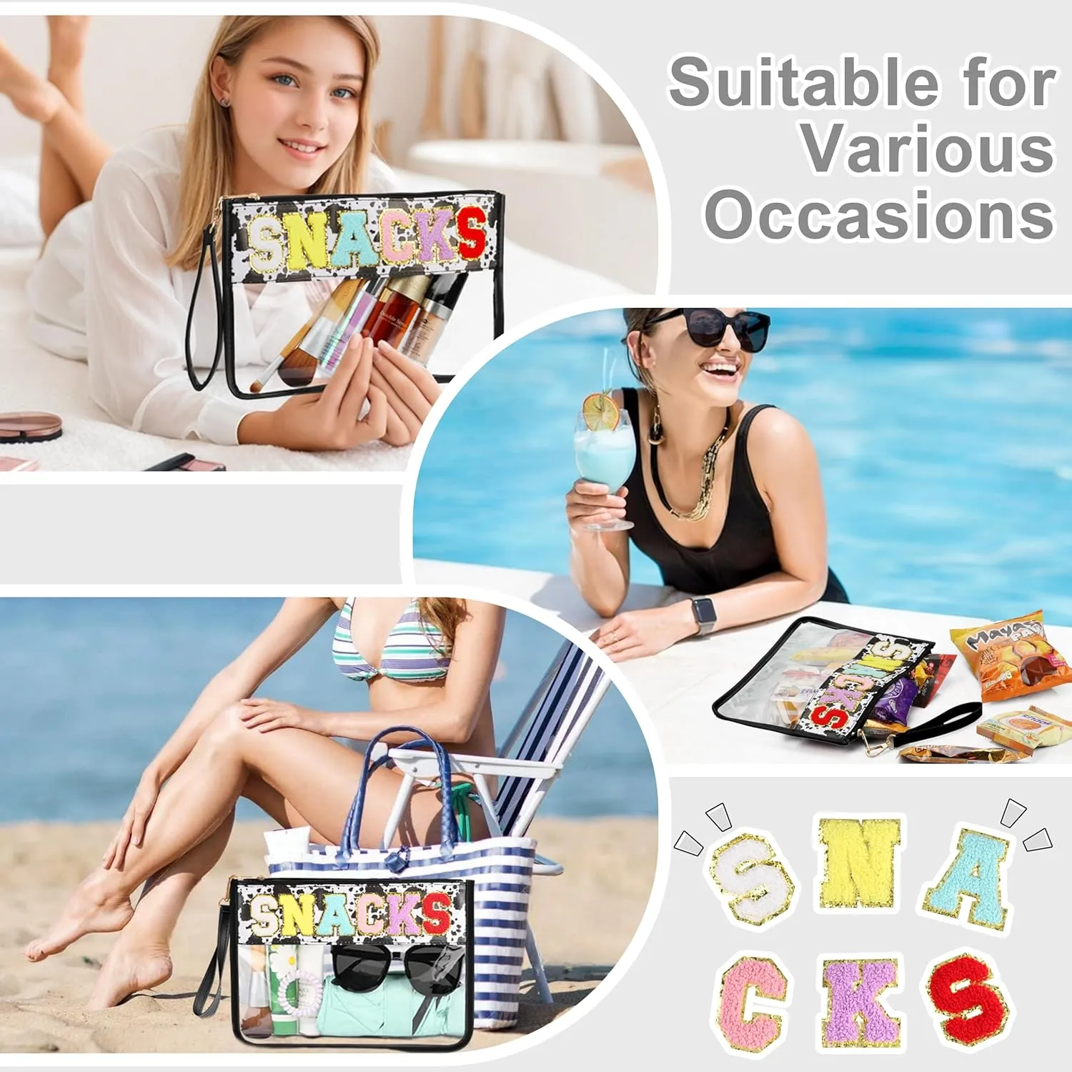 Snack Bag for Travel - Clear Chenille Varsity Letter Flat Pouch with Zipper, Waterproof Clear PVC&PU Preppy Patch Makeup Cosmetic tote Bags for Women (Cow-Snacks)