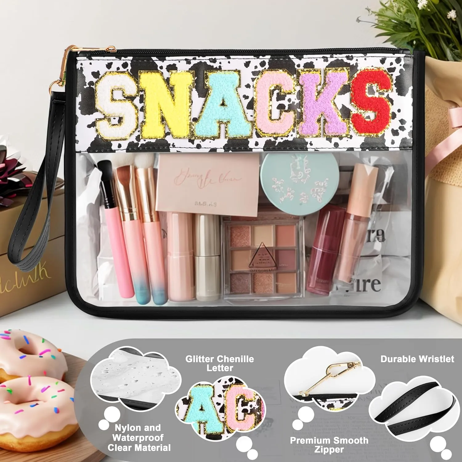 Snack Bag for Travel - Clear Chenille Varsity Letter Flat Pouch with Zipper, Waterproof Clear PVC&PU Preppy Patch Makeup Cosmetic tote Bags for Women (Cow-Snacks)
