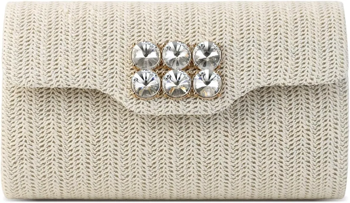 Straw Clutch Purse for Women,Rhinestone Evening Handbag Summer Beach Woven Purse Vacation Rattan Handbags 2025