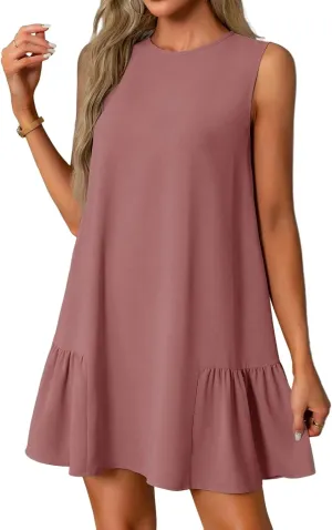 Summer Dresses 2025 Casual Crew Neck Solid Sleeveless Ruffle Hem Beach A-Line Mini Tank Sundresses with Pockets