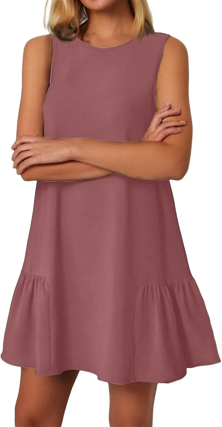 Summer Dresses 2025 Casual Crew Neck Solid Sleeveless Ruffle Hem Beach A-Line Mini Tank Sundresses with Pockets
