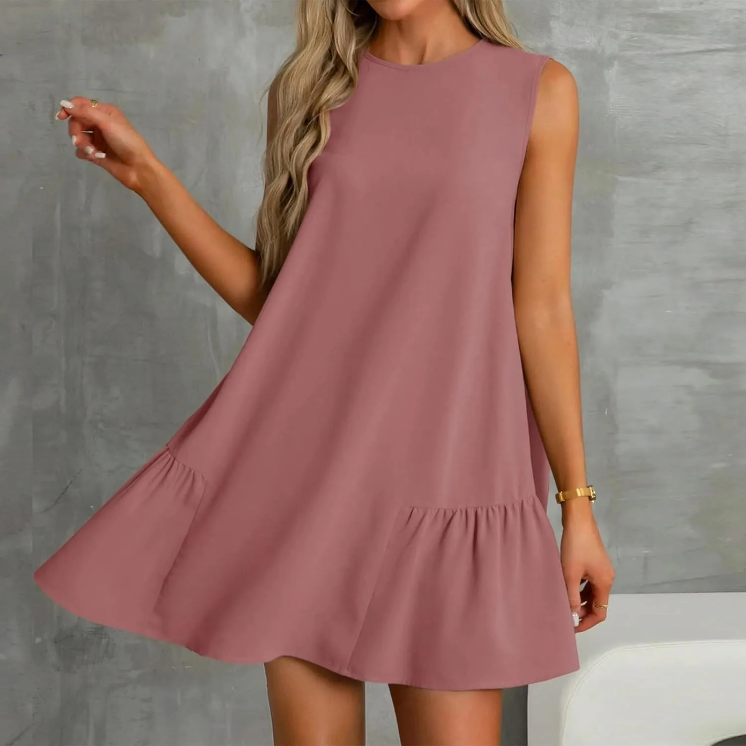 Summer Dresses 2025 Casual Crew Neck Solid Sleeveless Ruffle Hem Beach A-Line Mini Tank Sundresses with Pockets
