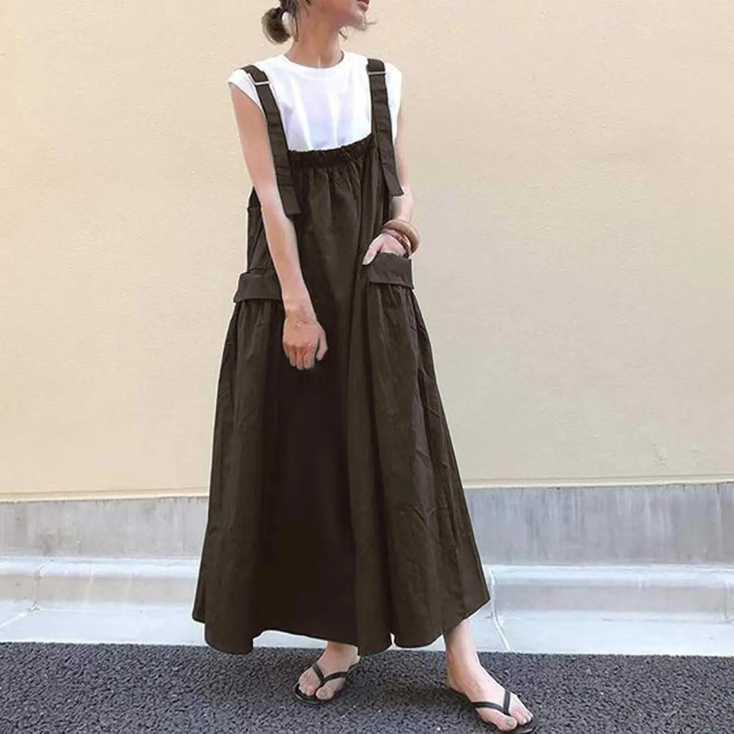 Summer Dresses for Women 2024 Casual Trendy Suspender Loose Retro Long Straps Solid Flowy Skirts with Pockets Y2K Clothes