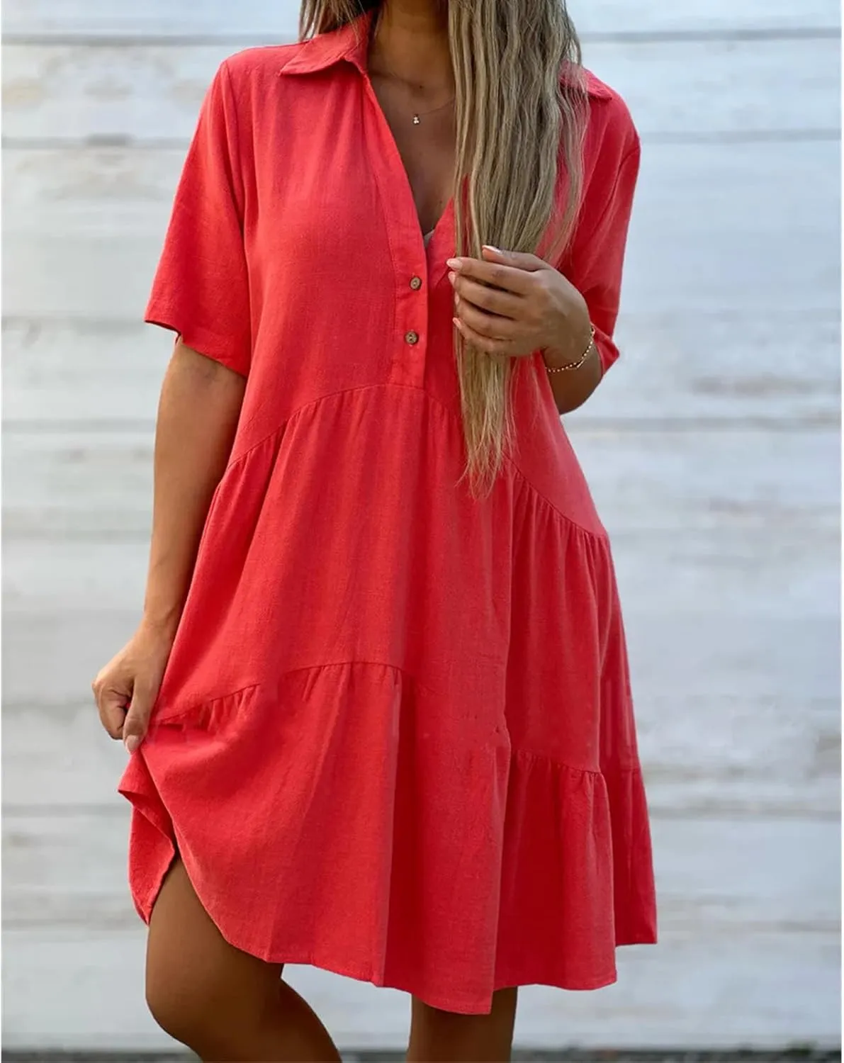 Summer Dresses for Women 2024 Casual V Neck Ruffle Button Dresses Short Sleeve Solid Color Elegant Boho Mini Dress