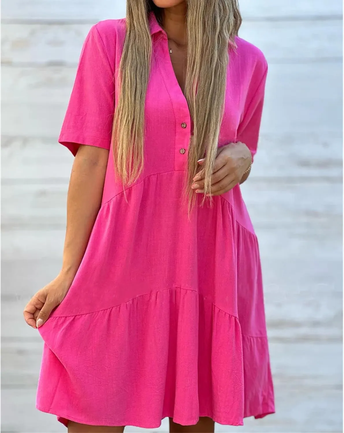 Summer Dresses for Women 2024 Casual V Neck Ruffle Button Dresses Short Sleeve Solid Color Elegant Boho Mini Dress