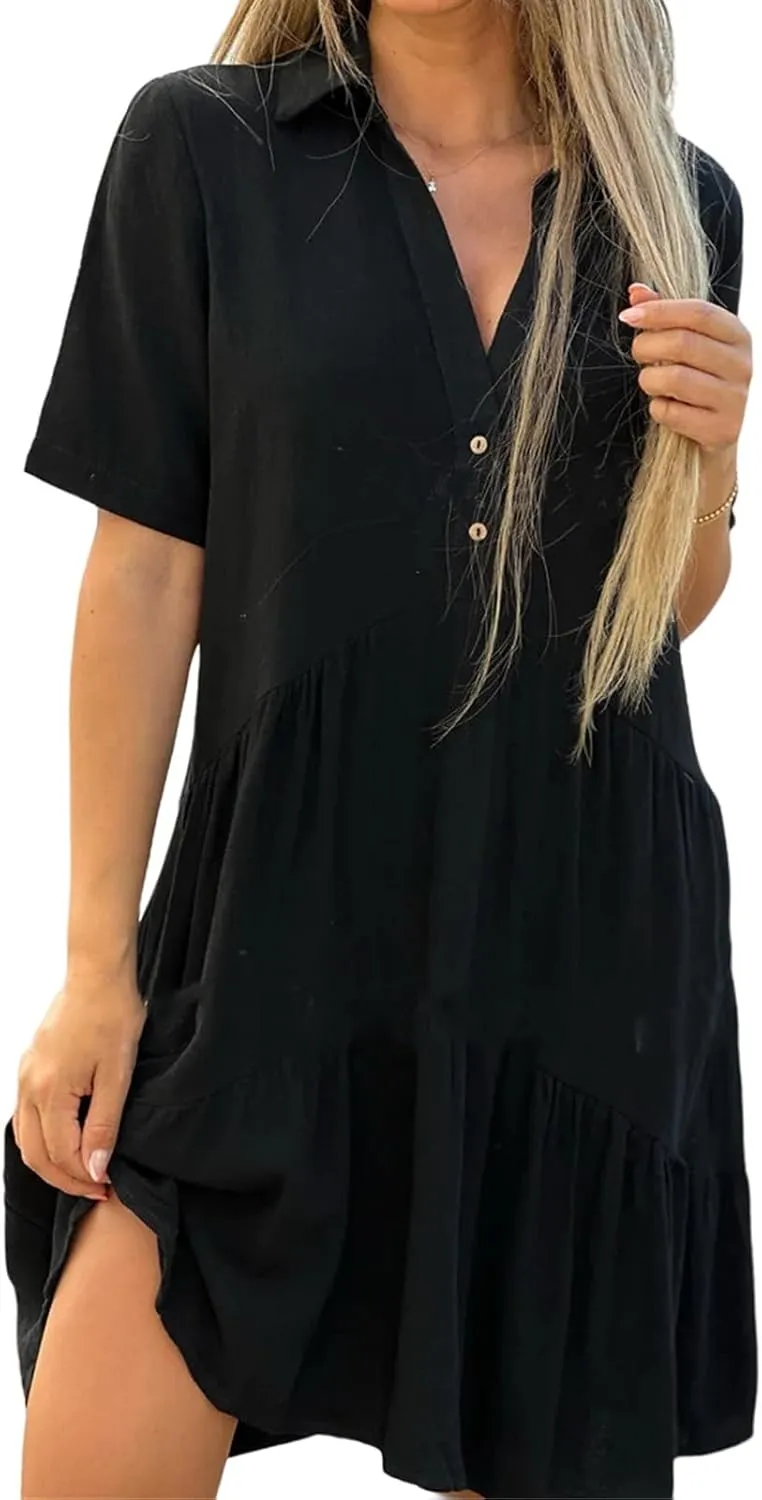 Summer Dresses for Women 2024 Casual V Neck Ruffle Button Dresses Short Sleeve Solid Color Elegant Boho Mini Dress