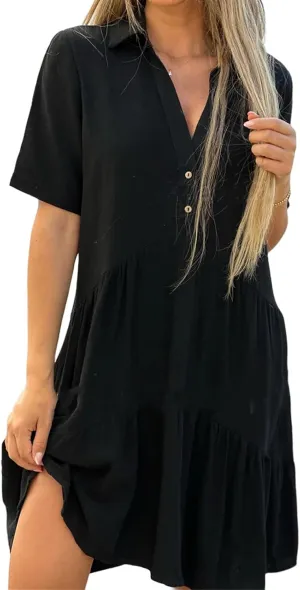 Summer Dresses for Women 2024 Casual V Neck Ruffle Button Dresses Short Sleeve Solid Color Elegant Boho Mini Dress