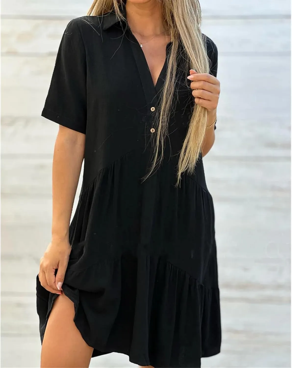Summer Dresses for Women 2024 Casual V Neck Ruffle Button Dresses Short Sleeve Solid Color Elegant Boho Mini Dress