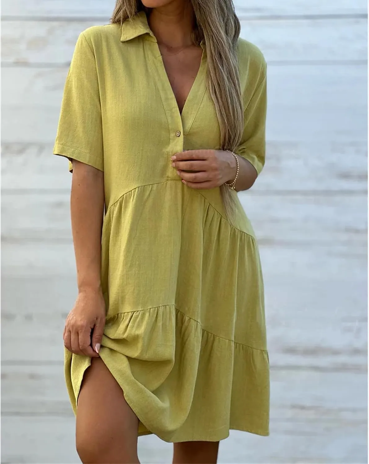 Summer Dresses for Women 2024 Casual V Neck Ruffle Button Dresses Short Sleeve Solid Color Elegant Boho Mini Dress