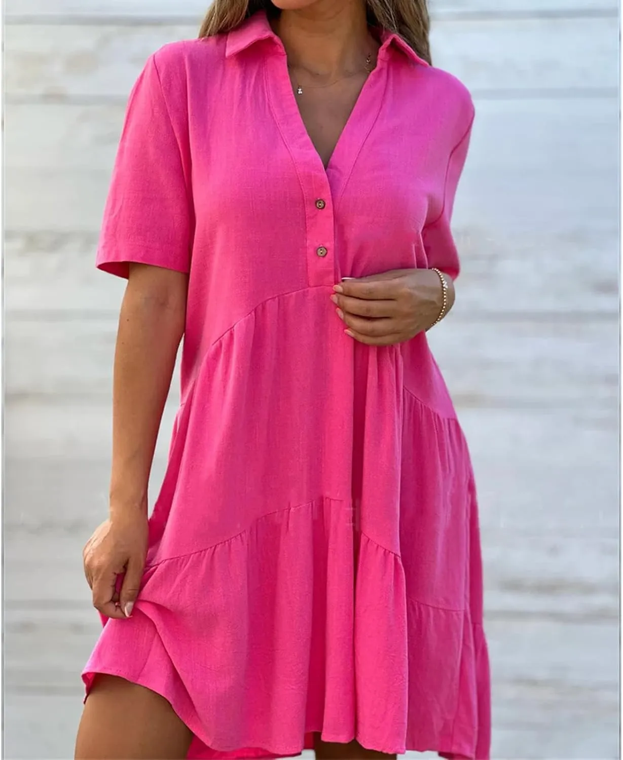 Summer Dresses for Women 2024 Casual V Neck Ruffle Button Dresses Short Sleeve Solid Color Elegant Boho Mini Dress