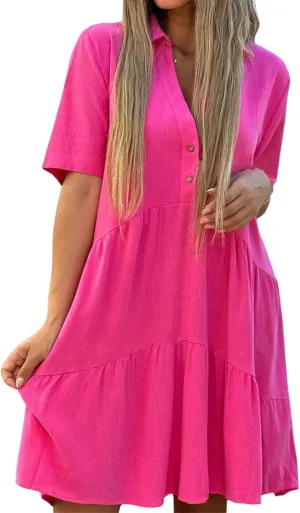 Summer Dresses for Women 2024 Casual V Neck Ruffle Button Dresses Short Sleeve Solid Color Elegant Boho Mini Dress