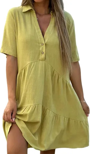 Summer Dresses for Women 2024 Casual V Neck Ruffle Button Dresses Short Sleeve Solid Color Elegant Boho Mini Dress