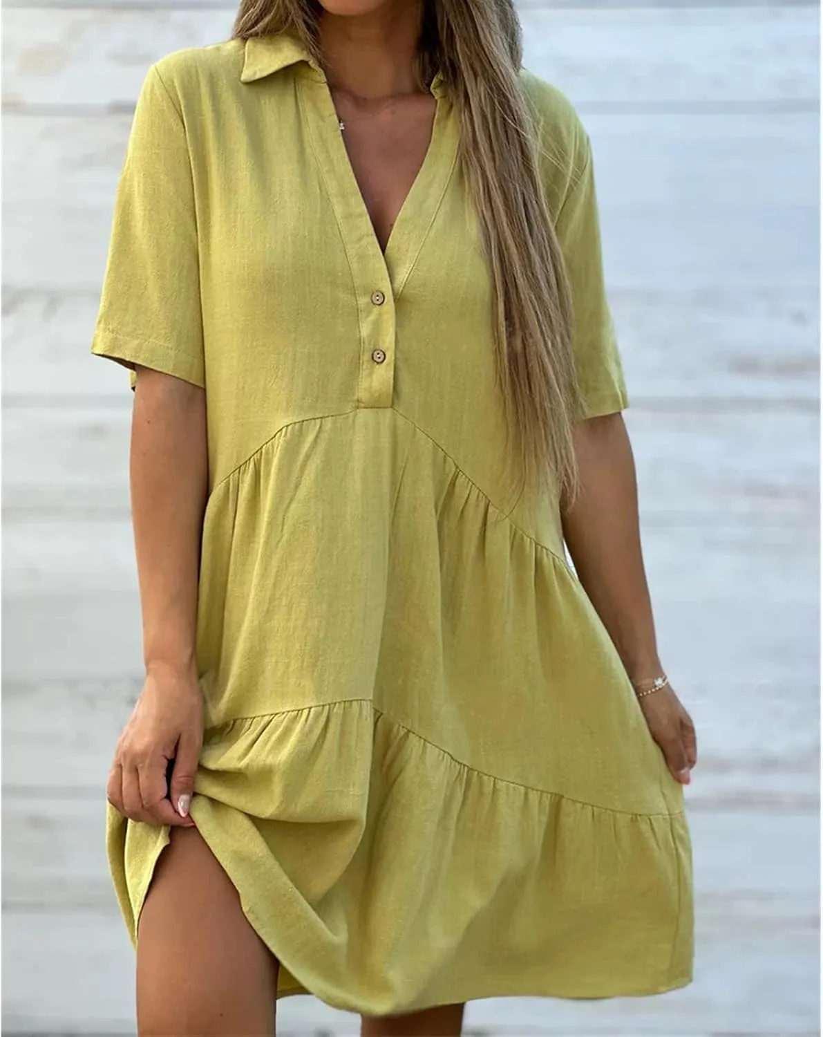 Summer Dresses for Women 2024 Casual V Neck Ruffle Button Dresses Short Sleeve Solid Color Elegant Boho Mini Dress
