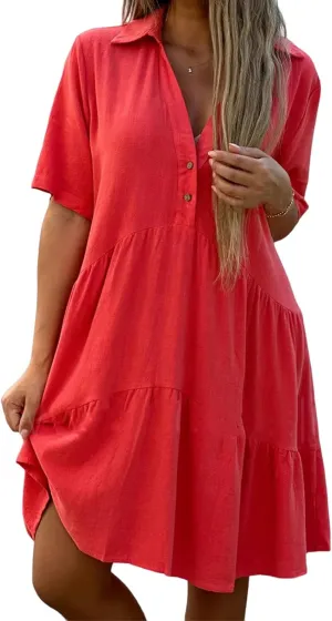 Summer Dresses for Women 2024 Casual V Neck Ruffle Button Dresses Short Sleeve Solid Color Elegant Boho Mini Dress