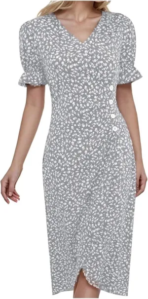 Summer Dresses for Women 2024 Short Sleeve V Neck Wrap Dress Casual Midi Sundresses Sleeve Ruffle Dress Casual Mini Dresses
