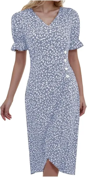 Summer Dresses for Women 2024 Short Sleeve V Neck Wrap Dress Casual Midi Sundresses Sleeve Ruffle Dress Casual Mini Dresses