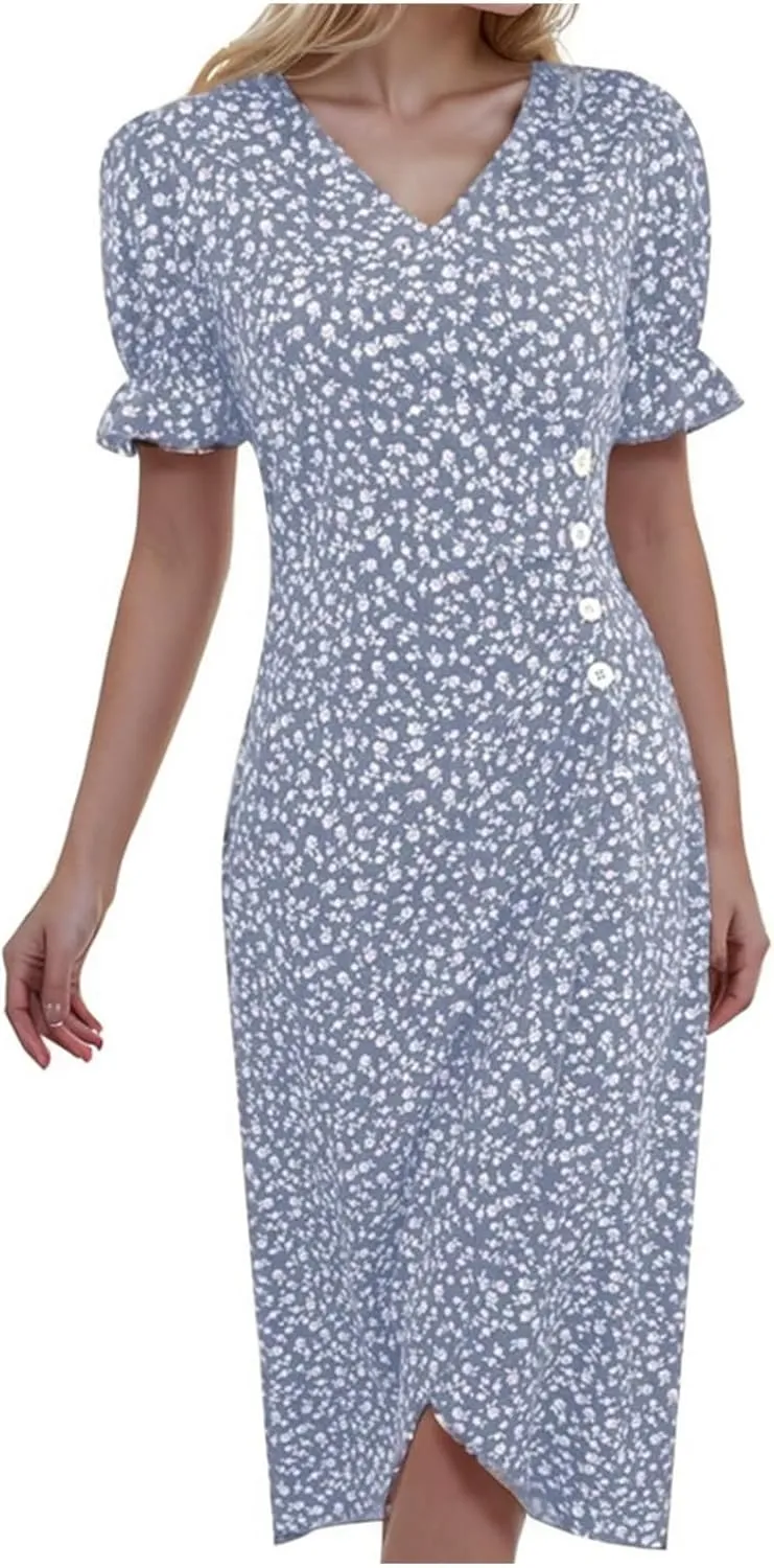 Summer Dresses for Women 2024 Short Sleeve V Neck Wrap Dress Casual Midi Sundresses Sleeve Ruffle Dress Casual Mini Dresses
