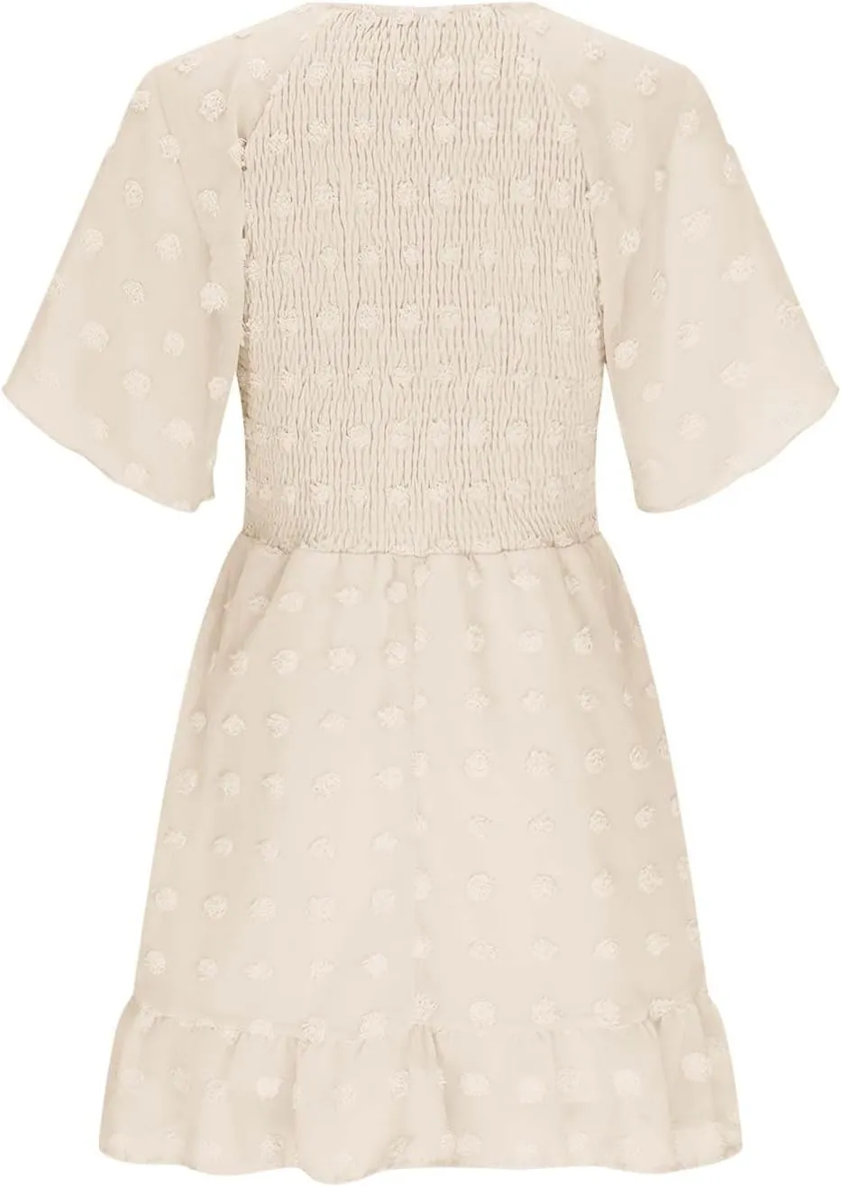 Summer Dresses for Women 2024 V-Neck Flowy Printed Mini Dress Casual Ruffle Puff Sleeve Casual Sundresses