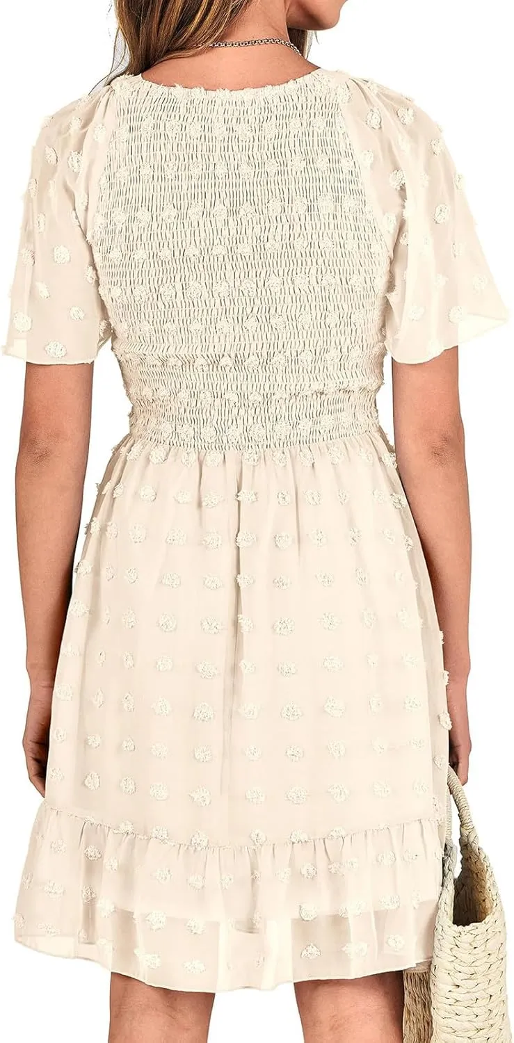 Summer Dresses for Women 2024 V-Neck Flowy Printed Mini Dress Casual Ruffle Puff Sleeve Casual Sundresses