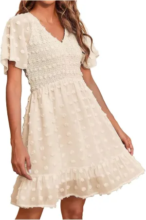 Summer Dresses for Women 2024 V-Neck Flowy Printed Mini Dress Casual Ruffle Puff Sleeve Casual Sundresses