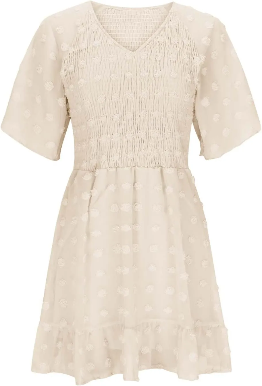 Summer Dresses for Women 2024 V-Neck Flowy Printed Mini Dress Casual Ruffle Puff Sleeve Casual Sundresses