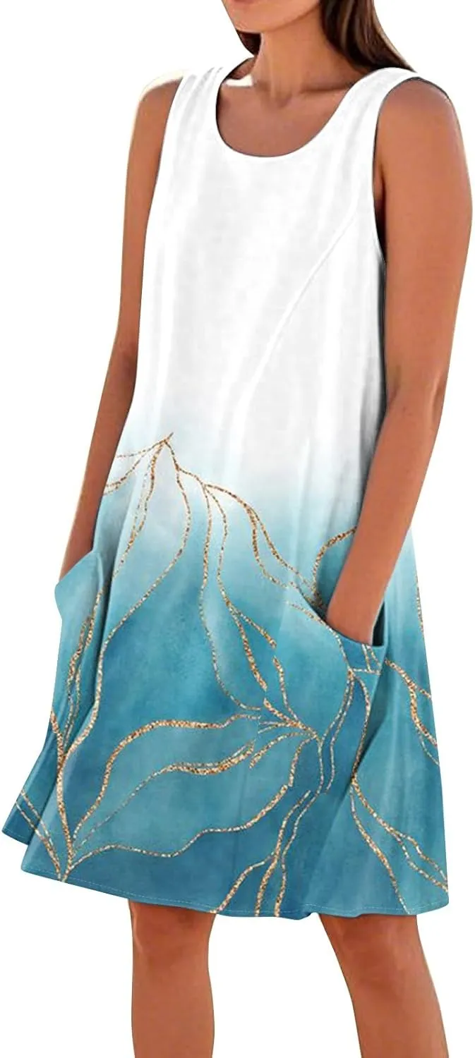 Summer Dresses for Women 2025 Crewneck Sleeveless Cotton Linen Tank Dress Beach Vacation Sundresses with Pockets
