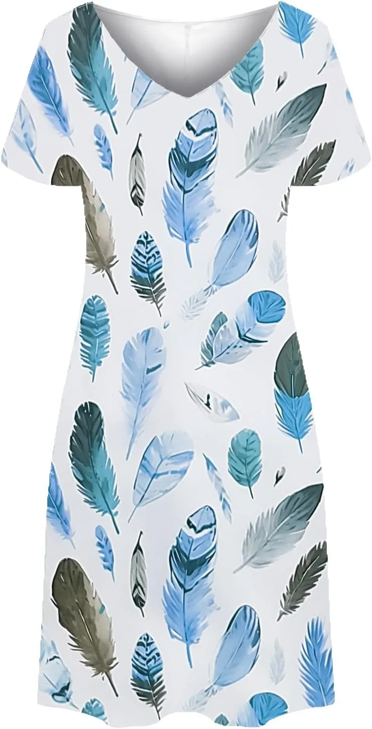 Summer Dresses for Women 2025 Loose V Neck Short Sleeve Casual T Shirt Dress Sundresses Floral Swimsuit Coverup