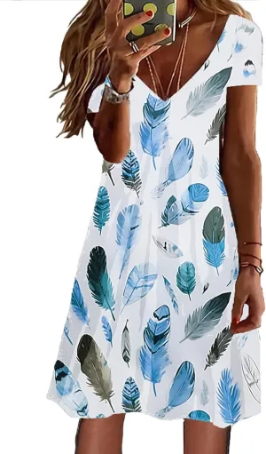Summer Dresses for Women 2025 Loose V Neck Short Sleeve Casual T Shirt Dress Sundresses Floral Swimsuit Coverup