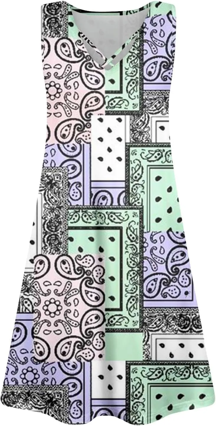 Summer Dresses for Women 2025 Sleeveless Loose Tank Dress V Neck Boho Beach Sundresses Floral Casual T Shirt Dresses