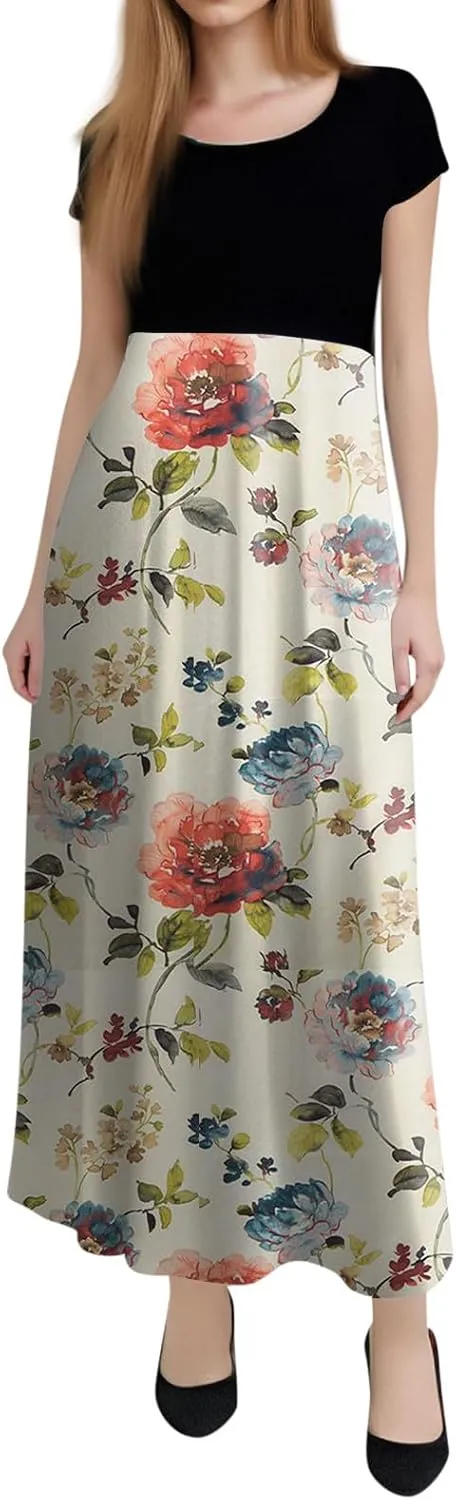 Summer Dresses for Women 2025 Trendy Round Neck Short Sleeve High Waisted Floral Print Maxi Dress Resort Wear