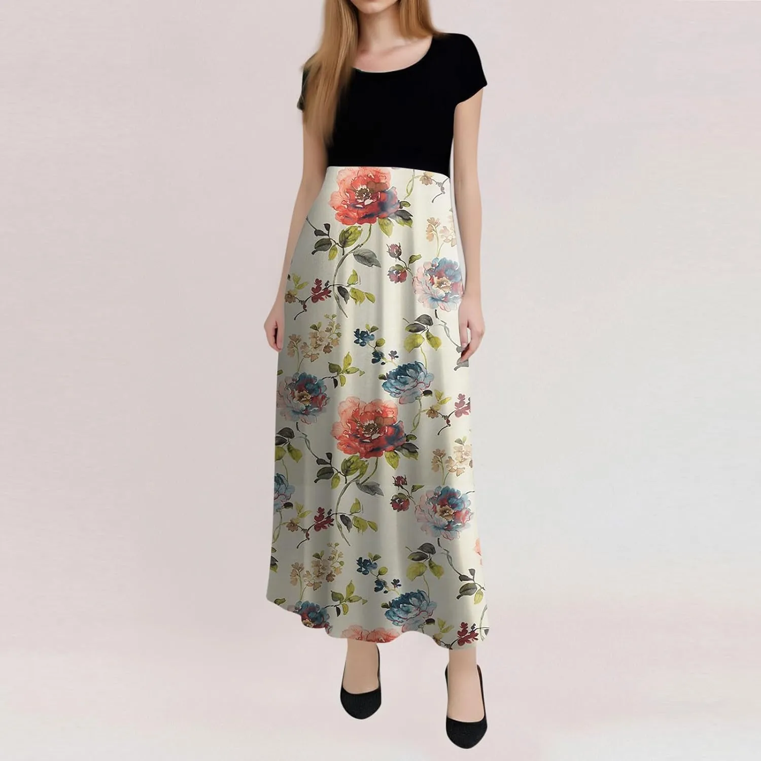 Summer Dresses for Women 2025 Trendy Round Neck Short Sleeve High Waisted Floral Print Maxi Dress Resort Wear