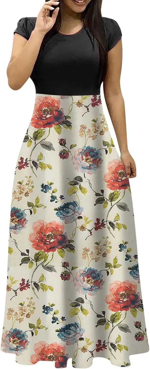 Summer Dresses for Women 2025 Trendy Round Neck Short Sleeve High Waisted Floral Print Maxi Dress Resort Wear