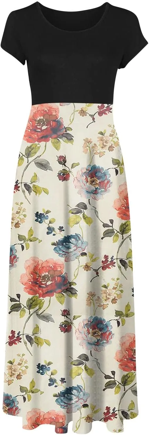 Summer Dresses for Women 2025 Trendy Round Neck Short Sleeve High Waisted Floral Print Maxi Dress Resort Wear