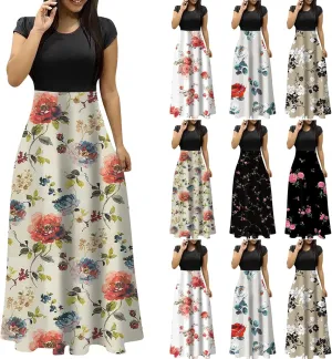 Summer Dresses for Women 2025 Trendy Round Neck Short Sleeve High Waisted Floral Print Maxi Dress Resort Wear
