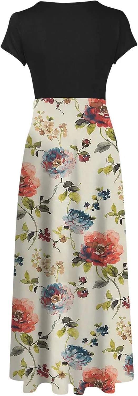 Summer Dresses for Women 2025 Trendy Round Neck Short Sleeve High Waisted Floral Print Maxi Dress Resort Wear