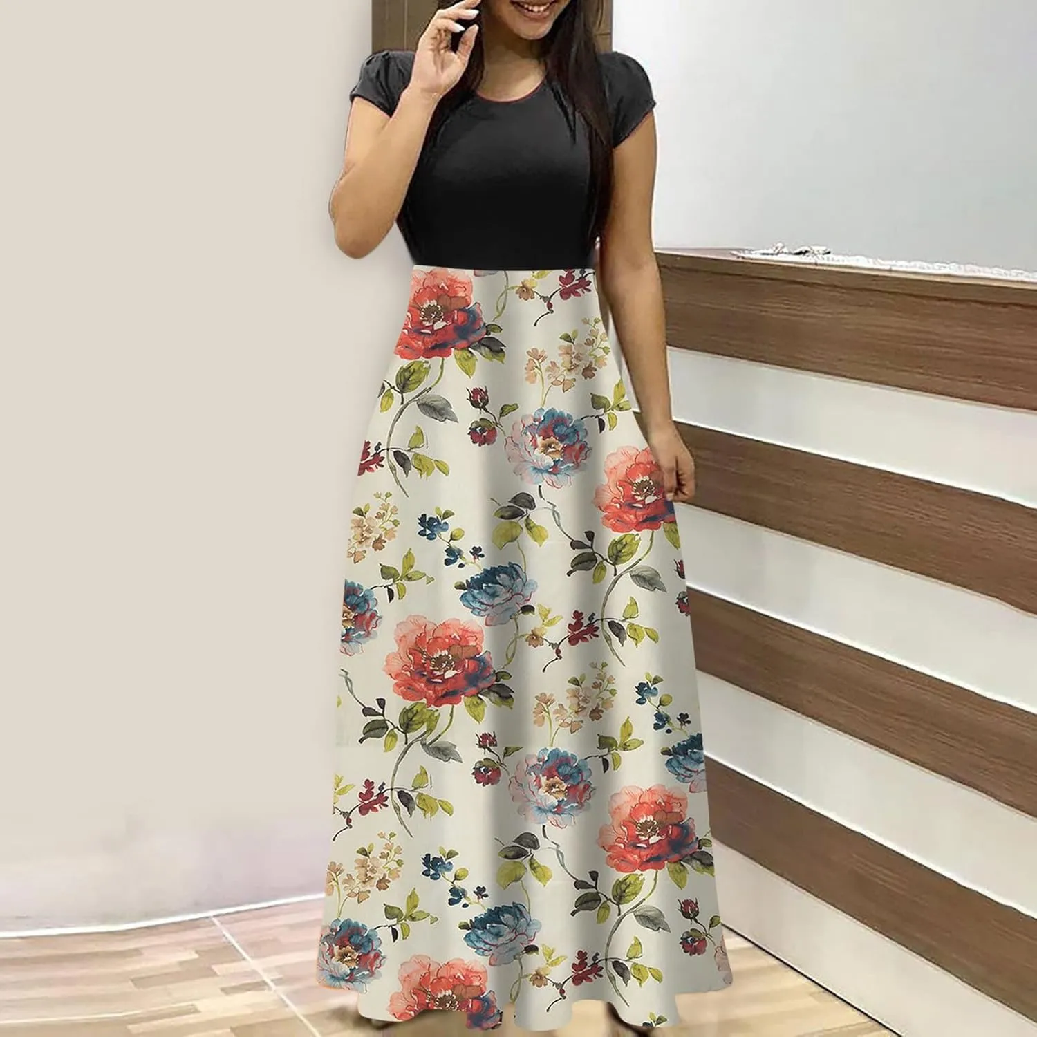 Summer Dresses for Women 2025 Trendy Round Neck Short Sleeve High Waisted Floral Print Maxi Dress Resort Wear