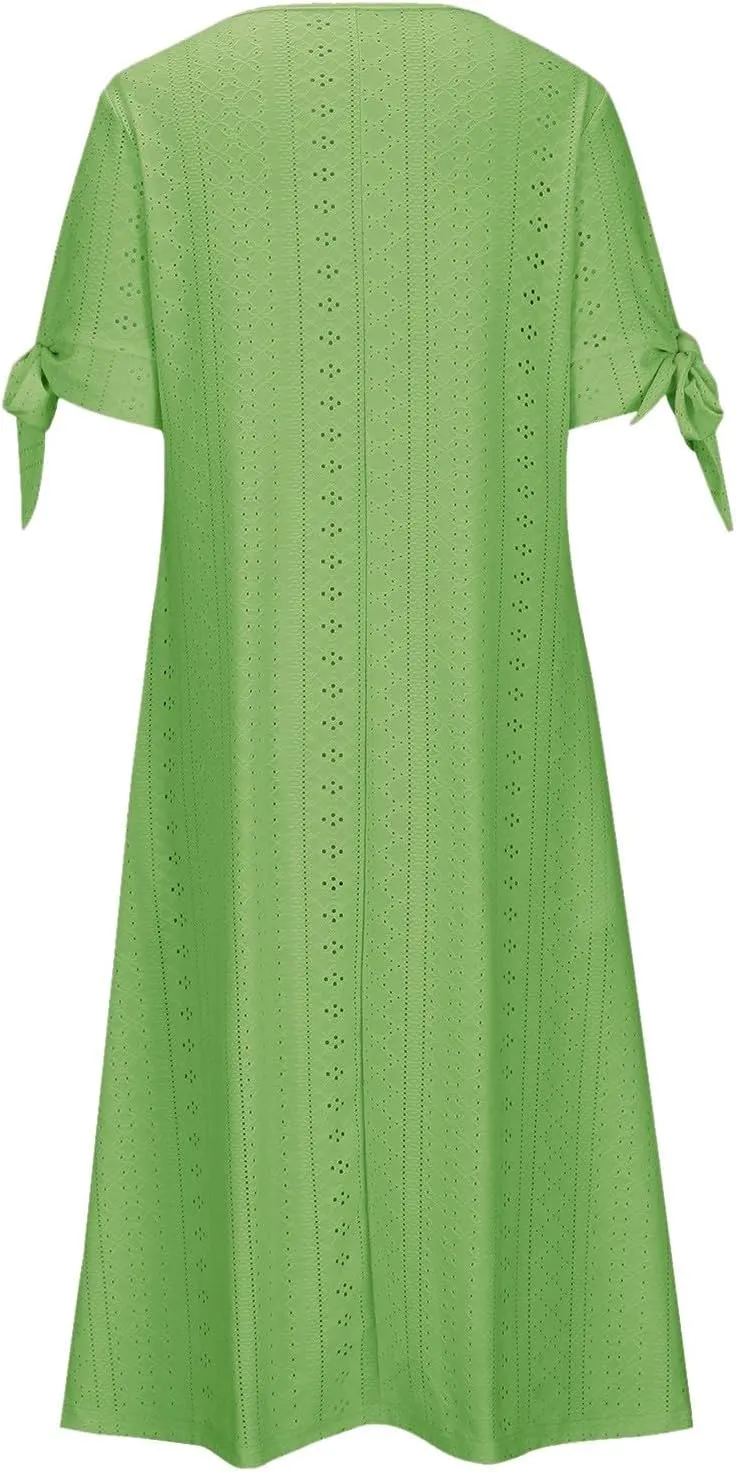 Summer Dresses for Women 2025 Vacation Boho Eyelet V Neck Short Sleeve Maxi Dress Casual Flowy Beach Sundress with Pockets