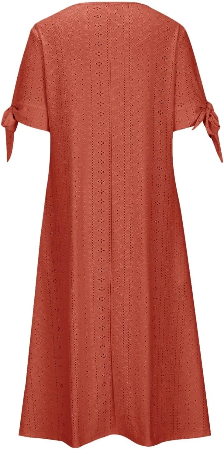 Summer Dresses for Women 2025 Vacation Boho Eyelet V Neck Short Sleeve Maxi Dress Casual Flowy Beach Sundress with Pockets