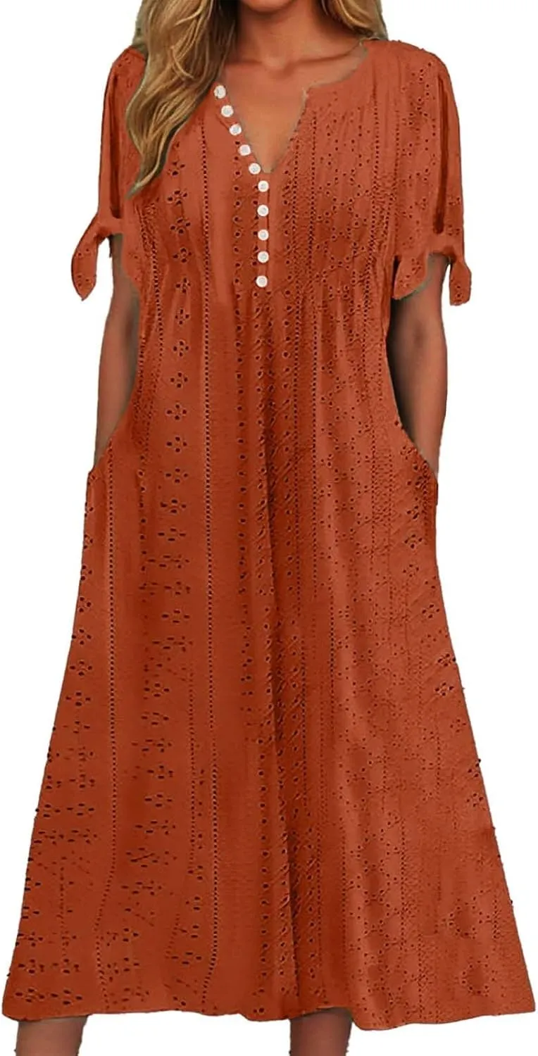 Summer Dresses for Women 2025 Vacation Boho Eyelet V Neck Short Sleeve Maxi Dress Casual Flowy Beach Sundress with Pockets