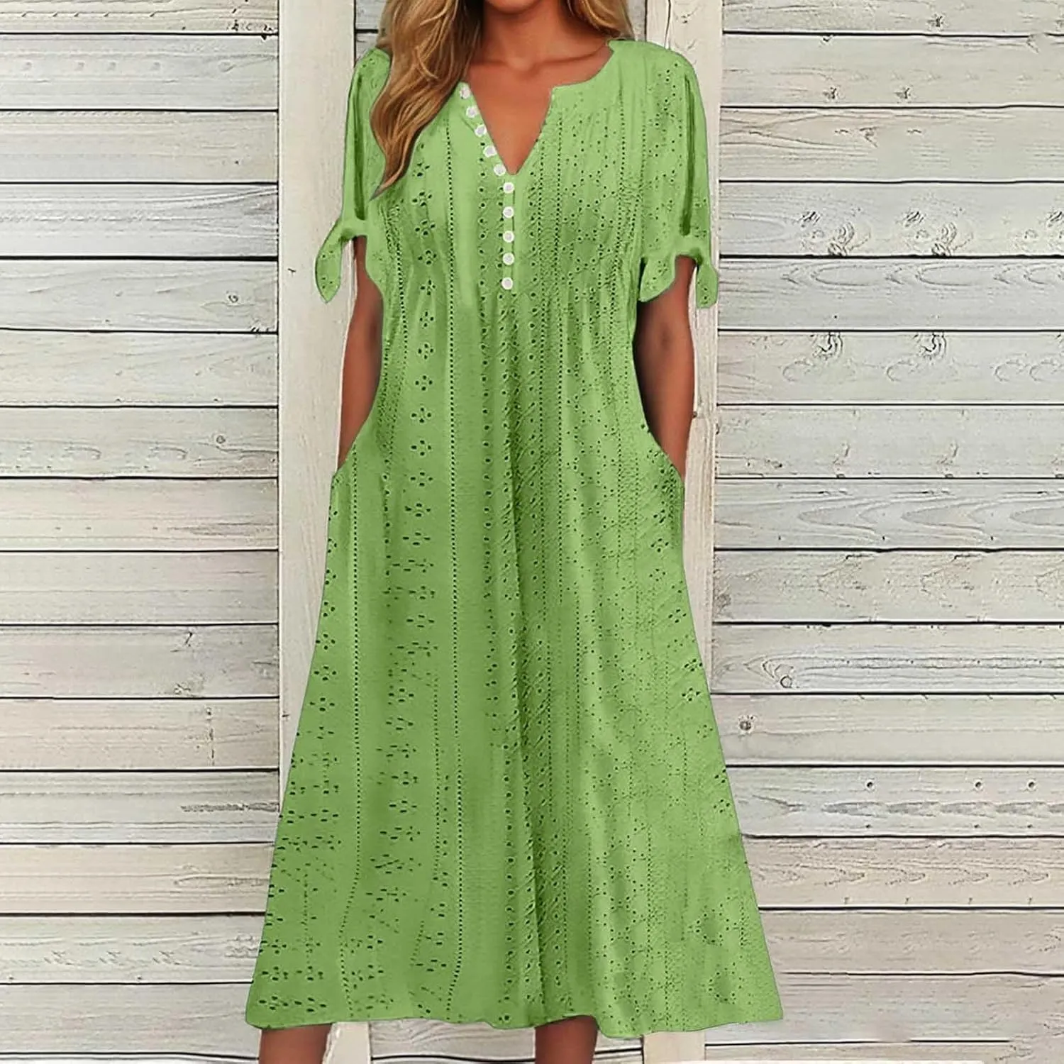 Summer Dresses for Women 2025 Vacation Boho Eyelet V Neck Short Sleeve Maxi Dress Casual Flowy Beach Sundress with Pockets