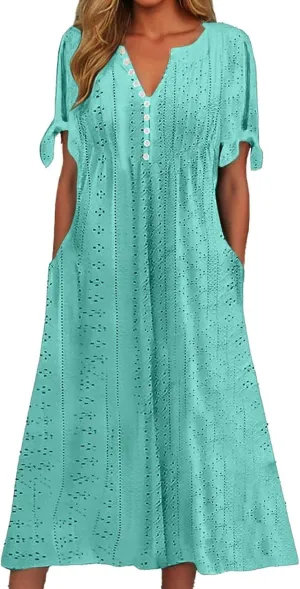 Summer Dresses for Women 2025 Vacation Boho Eyelet V Neck Short Sleeve Maxi Dress Casual Flowy Beach Sundress with Pockets